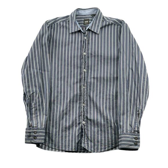 Hugo Boss Shirt Mens Medium Blue Stripe Button Up Regular Fit 100% Cotton Office - Picture 1 of 8